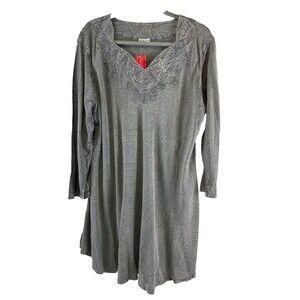 Venus Imports Gray Tunic Blouse Embroidered V-Neck Lightweight Tags Womens 2XL